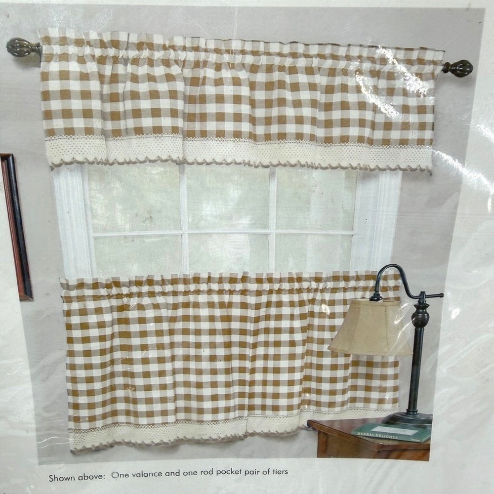 Buffalo Check Window Tier Pair Taupe Gingham Crochet Trim Farmhouse Achim 36"